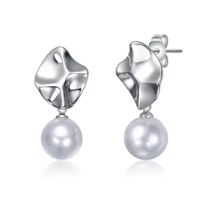 Rachel Glauber White Gold Plated With Round Pearl Modern Abstract Drop Earrings