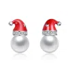 Rachel Glauber White Gold Plated With White Pearl & Clear Cubic Zirconia Santa Hat Stud Earrings In Red