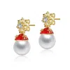 Rachel Glauber White Pearl & Clear Cubic Zirconia Snowflake And Santa Hat Drop Earrings In Red