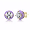 RACHEL GLAUBER YOUNG ADULTS/TEENS 14K YELLOW GOLD PLATED WITH CLEAR CUBIC ZIRCONIA AMETHYST ENAMEL ROUND STUD EARRI
