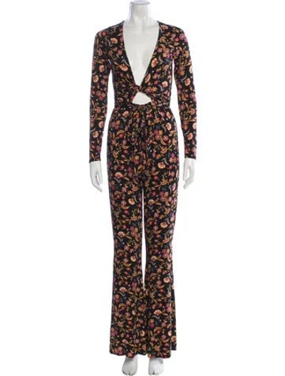 Pre-owned Rachel Pally Floral Print V-neck Jumpsuit In Black