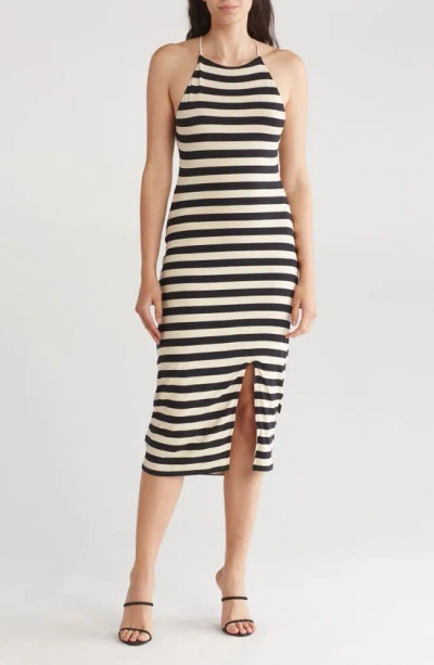 Rachel Parcell Stripe Side Slit Knit Midi Dress In Beige/ Black Stripe