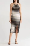 Rachel Parcell Stripe Side Slit Knit Midi Dress In Beige/black Stripe
