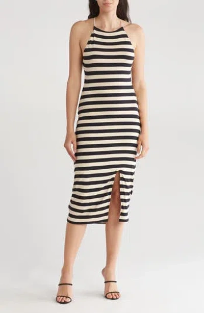 Rachel Parcell Stripe Side Slit Knit Midi Dress In Beige/black Stripe