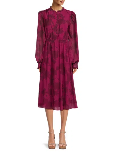 Rachel Parcell Women's Floral Ruffle Trim Midi Dress In Burgundy