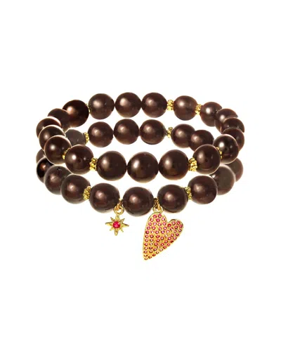 Rachel Reinhardt 18k Filled Garnet Cz Heart & Star Charm Bracelet In Black