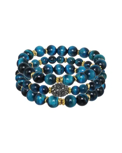 Rachel Reinhardt Blue Tiger's Eye & Crystal Fireball Set Of 3 Stretch Bracelets