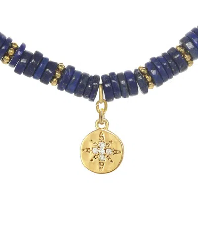 Rachel Reinhardt Coastal Blues 14k Over Silver Blue Lapis Cz Hammered Disc Necklace