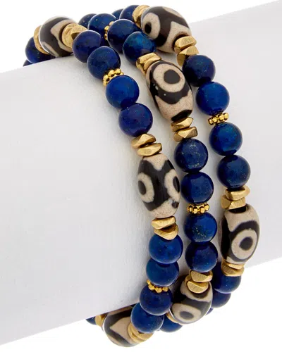 Rachel Reinhardt Set Of 3 14k Plated Gemstone Stretch Bracelet