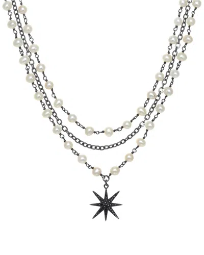 Rachel Reinhardt Silver 5mm Pearl Cz Layered Necklace In Metallic