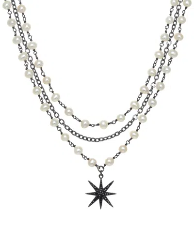Rachel Reinhardt Silver 5mm Pearl Cz Pendant Necklace In Metallic