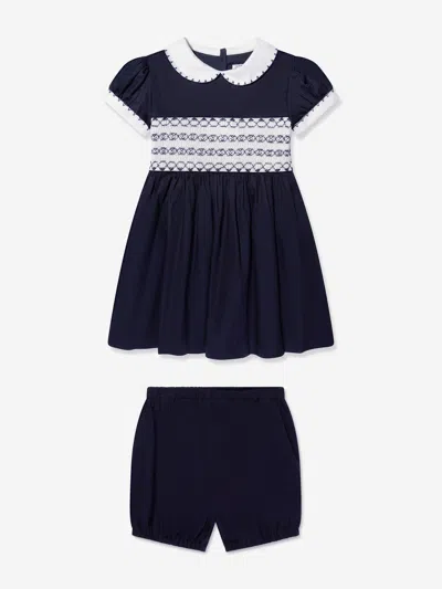 Rachel Riley Baby Girls Classic Smocked Dress And Bloomers In Blue
