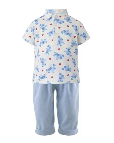 Rachel Riley Bear Hearts Polo Shirt & Pull-on Trouser Set In White