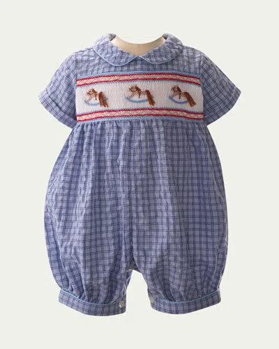 Rachel Riley Kids' Boy's Check-print Rocking Horse Smocked Playsuit In Blue