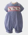 Rachel Riley Boy's Check-print Rocking Horse Smocked Playsuit In Blue