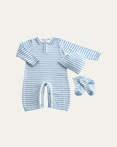 Rachel Riley Kids' Boy's Knit Striped 3-piece Playsuit Gift Set In Blue