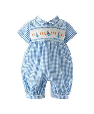 Rachel Riley Kids' Boys' Gingham Bunny Smocked Babysuit - Baby In Blue