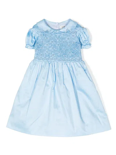 Rachel Riley Babies' Embroidered Shirred-panel Dress In Blue