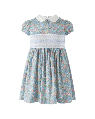 Rachel Riley Floral Geometric Smocked Dress In Blue