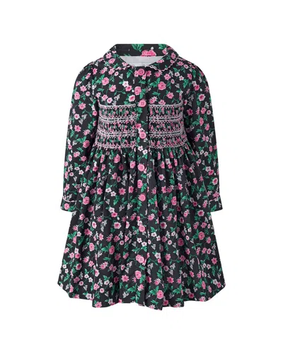 Rachel Riley Floral Smocked Button Front Dress In Black