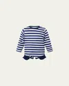 Rachel Riley Girl's Breton Stripe Frill Rashguard One-piece Swimsuit In Navy