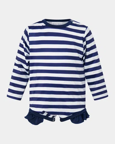 Rachel Riley Kids' Girl's Breton Stripe Frill Rashguard One-piece Swimsuit In Blue