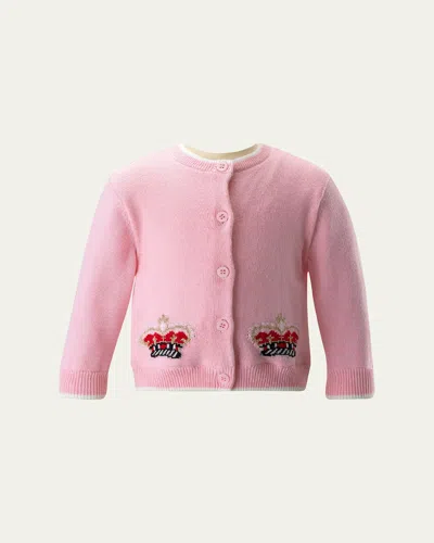 Rachel Riley Kids' Girl's Cardigan W/ Double Crown Intarsia In Pink