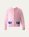 Rachel Riley Girl's Cardigan W/ Double Gift Intarsia In Pink