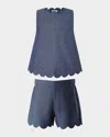 Rachel Riley Girl's Chambray Scalloped Top And Short Set In Navy