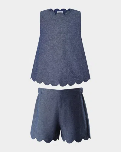 Rachel Riley Kids' Girl's Chambray Scalloped Top And Short Set In Navy
