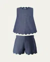 Rachel Riley Girl's Chambray Scalloped Top And Short Set In Navy