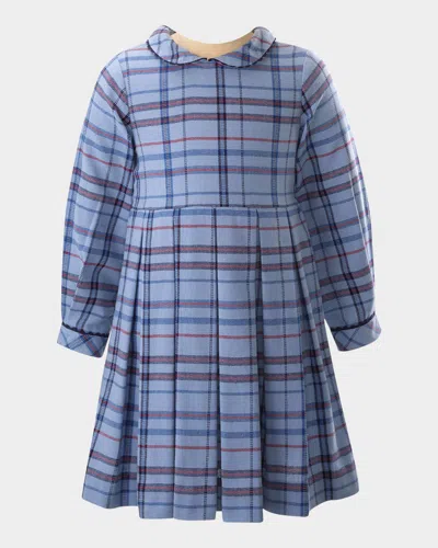 Rachel Riley Kids' Girl's Check-print Pleated Dress In Blue