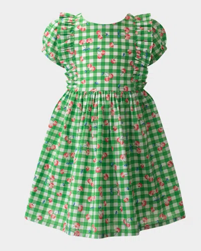 Rachel Riley Kids' Girl's Cherry Check Puff-sleeve Dress In Green