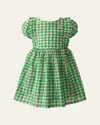 Rachel Riley Girl's Cherry Check Puff-sleeve Dress In Green