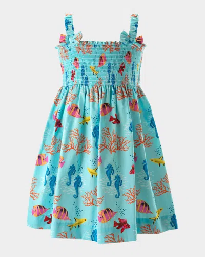 Rachel Riley Kids' Girl's Coral Reef-print Smocked Sundress In Blue