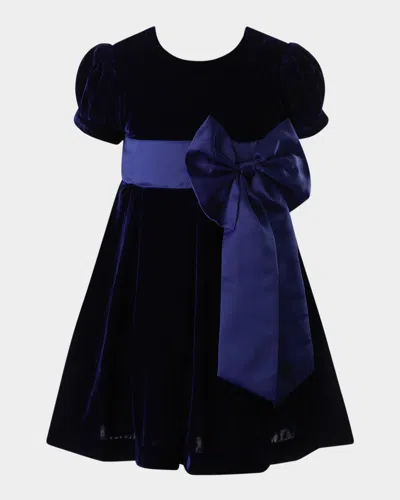 Rachel Riley Kids' Girl's Crushed Velvet Bow Dress In Navy