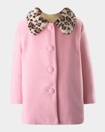 Rachel Riley Kids' Girl's Faux Fur Leopard Collar Coat In Pink