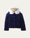 Rachel Riley Girl's Faux Fur Trim Ribbed Hooded Puffer Jacket In Blue