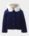 Rachel Riley Girl's Faux Fur Trim Ribbed Hooded Puffer Jacket In Blue