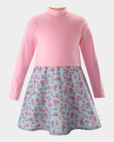 Rachel Riley Kids' Girl's Floral-print Jersey Turtle Neck Dress In Pink