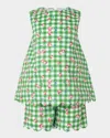 Rachel Riley Girl's Gingham Cherry-print Scalloped Top & Short Set In Green