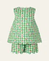 Rachel Riley Girl's Gingham Cherry-print Scalloped Top & Short Set In Green