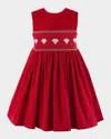Rachel Riley Girl's Heart Smocked Pinafore Dress In Red