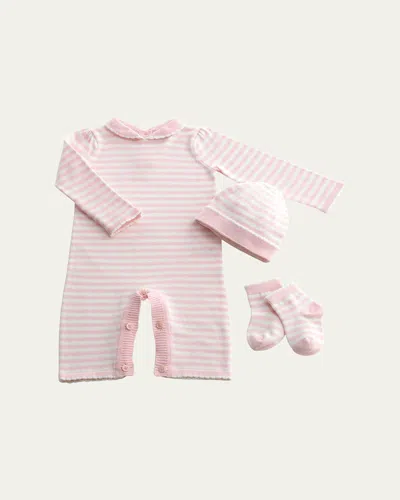 Rachel Riley Kids' Girl's Knit Striped 3-piece Playsuit Gift Set In Pink