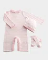 Rachel Riley Girl's Knit Striped 3-piece Playsuit Gift Set In Pink