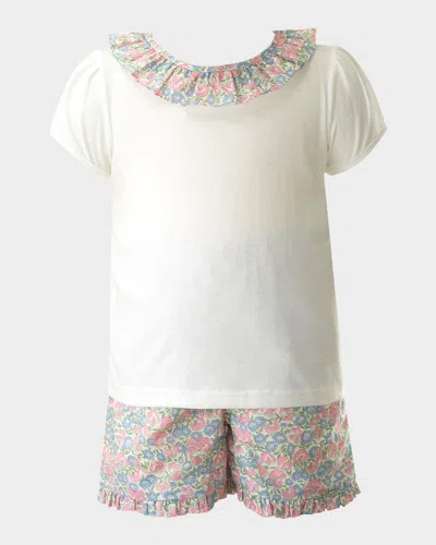 Rachel Riley Kids' Girl's Pastel Floral Top And Shorts Set In Pink