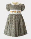 Rachel Riley Girl's Pumpkin Smocked Floral-print Dress In Orange