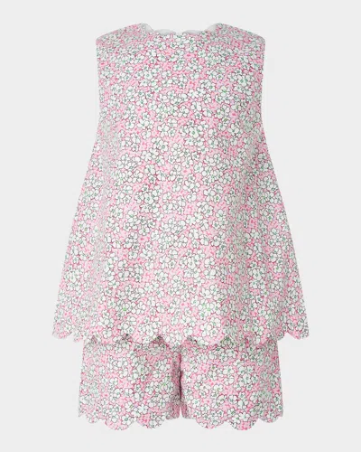 Rachel Riley Kids' Girl's Scalloped Trim Floral-print Top & Shorts Set In Pink