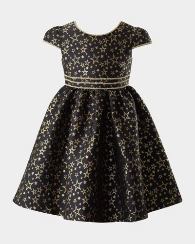 Rachel Riley Kids' Girl's Star-print Damask Dress In Black