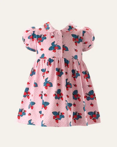 Rachel Riley Kids' Girl's Strawberry Jersey Puff-sleeve Dress In Pink